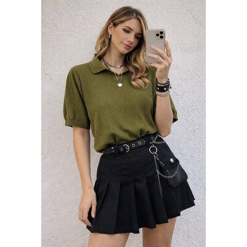 Bright Lights Vintage Olive‎ Green Knit Polo Sweater Short Sleeve Made in USA